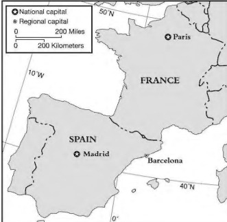 <p>Which statement describes the relative location of Barcelona, Spain?</p>