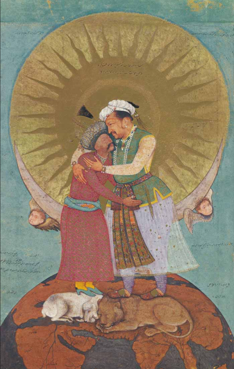 <ul><li><p><span>Jahangir, the Mughal emperor, hugs Shah Abbas, the Safavid ruler</span></p></li><li><p><span>They stand on top of the world, on the backs of a lion + a lamb</span></p></li></ul>