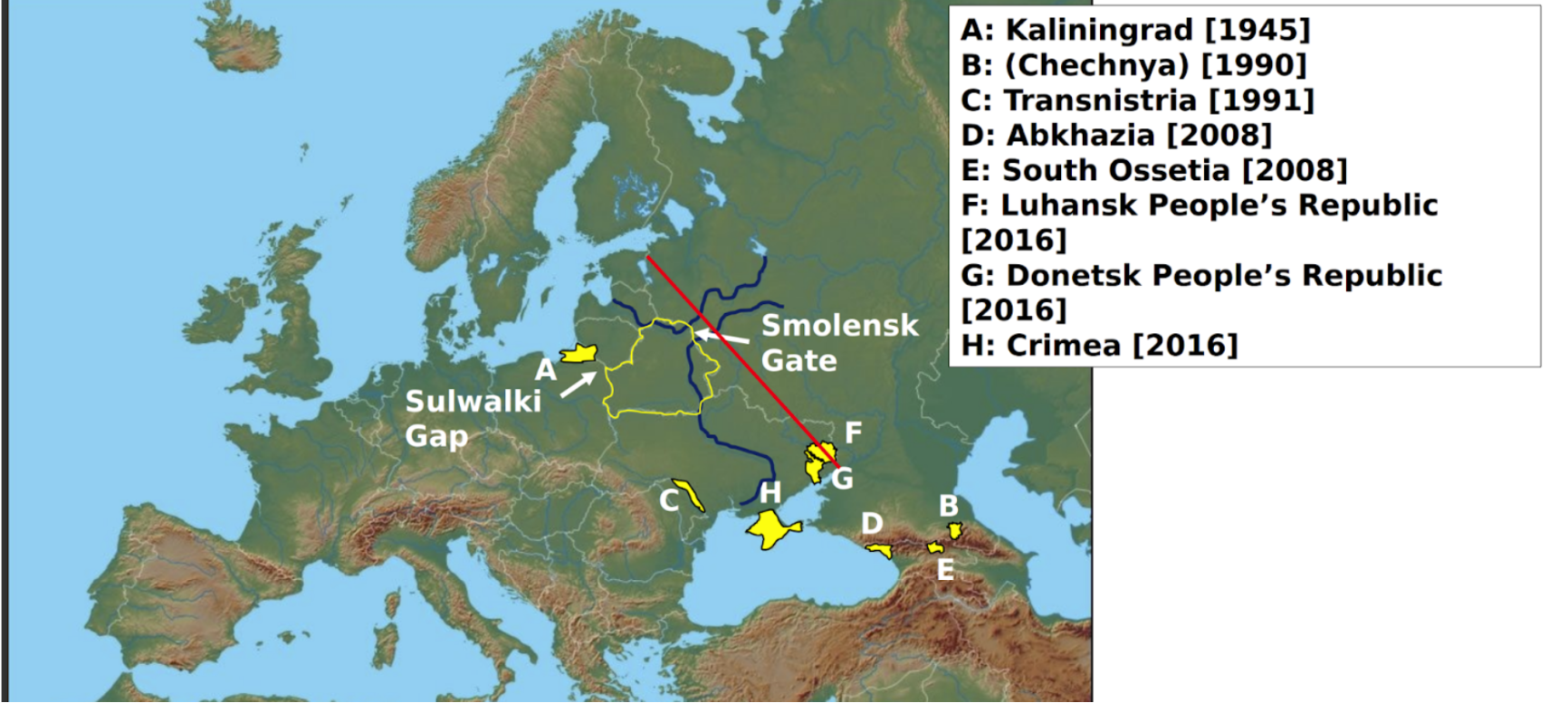 <p>A. Kaliningrad B. Chechnya C. Transnistria D. Abkhazia E. South Ossetia F. Luhansk People&apos;s Republic G. Donetsk People&apos;s Republic H. Crimea</p>