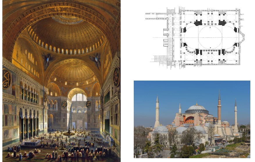 <ul><li><p>originally built in 360 for the greek orthodox church by Constantinus (son of Constantine then in the city of Constantinople)</p></li><li><p>burned down twice, demolished, and rebuilt in 532 - domed roof and two Narthex </p></li><li><p>pieces from all around the kingdom</p></li><li><p>Byzantine emperors crowned there until Ottomans took over and renamed it Istanbul and turned into a mosque, nave in the wall to Mecca </p></li></ul>