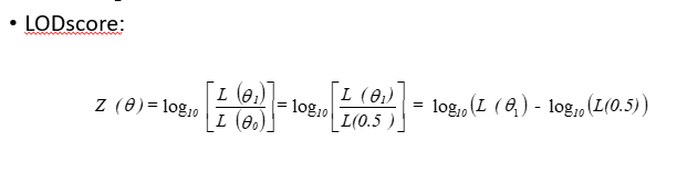 <p>H0 = Ɵ = 0.5: unlinked, different chroms</p><p>H1: Ɵ = Ɵ1&lt;0.5 (linked, same chrom)</p><p>LODscore</p><p>Z(Ɵ)&gt;3: linkage (10³ = 1000 times more likely)</p>