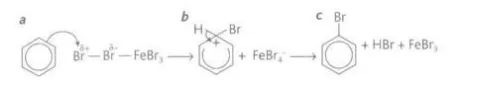 <p>It forms bromobenzene and hydrogen bromide and it can only be done using bromide using a Lewis acid catalyst such as iron (III) bromide or under UV light</p>
