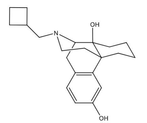 <p>Mixed agonist (KOR - strong)/antagonist (MOR - weak)</p><p>5-10x more potent than nalbuphine</p><p>extensive 1st pass metabolism</p>