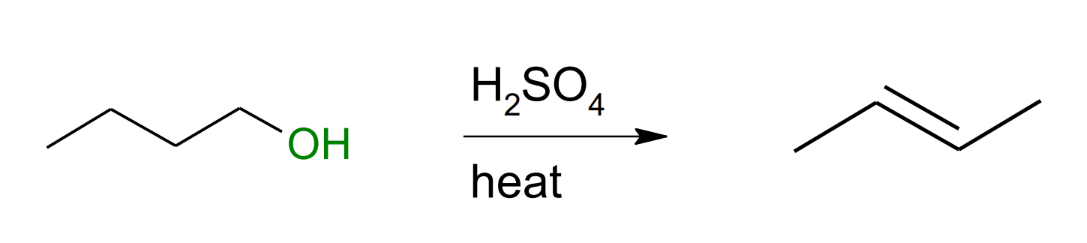 <p>Only gives a middle alkene</p><ol><li><p>add a hydrogen to the OH</p></li><li><p>the H2O leaves</p></li><li><p>give one of the electrons of one of the H to create a doube bond and take the H with the water.</p></li></ol><p></p>