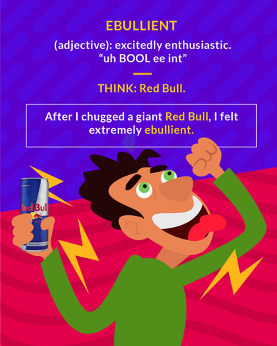 <p>(adj.) overflowing with enthusiasm and excitement; boiling, bubbling</p>