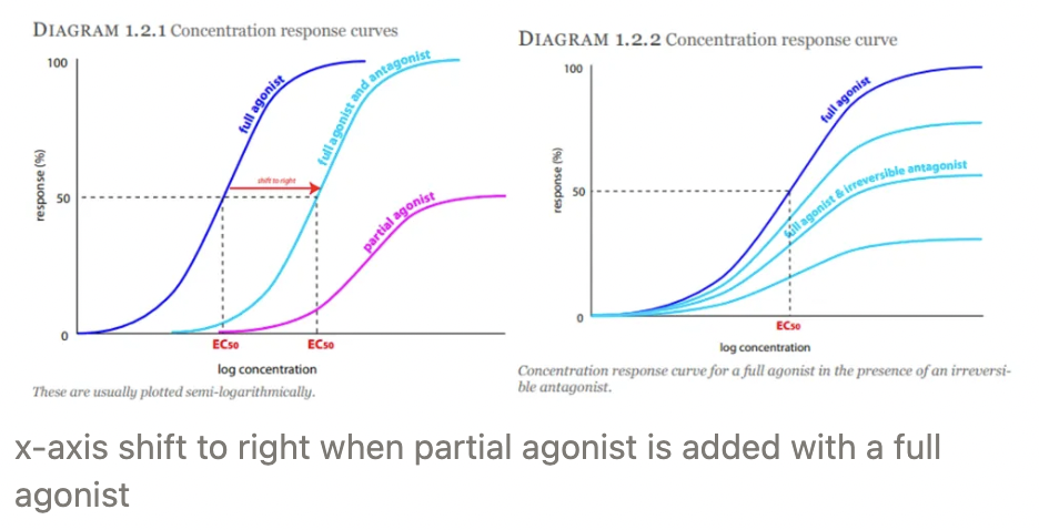 <p>Drug which interacts with a receptor to produce:</p><ol><li><p><strong>Full agonist</strong> = Maximum response → Achieve Emax</p></li><li><p><strong>Partial agonist</strong> = Response LESS than Emax → Low efficacy</p><ul><li><p>Acts as antagonist in presence of full agonist</p></li><li><p>X-axis shifts to the right when partial agonist added to full agonist</p></li></ul></li><li><p><strong>Inverse agonist</strong> = Negative/opposite response</p></li><li><p><strong>Competitive antagonist</strong> = Irreversible/reversible competition with agonist for SAME binding site</p></li><li><p><strong>Non-competitive antagonist</strong> = Binds to another site (allosteric site) to change conformation of agonist receptor to prevent agonist from binding</p></li></ol><p></p>