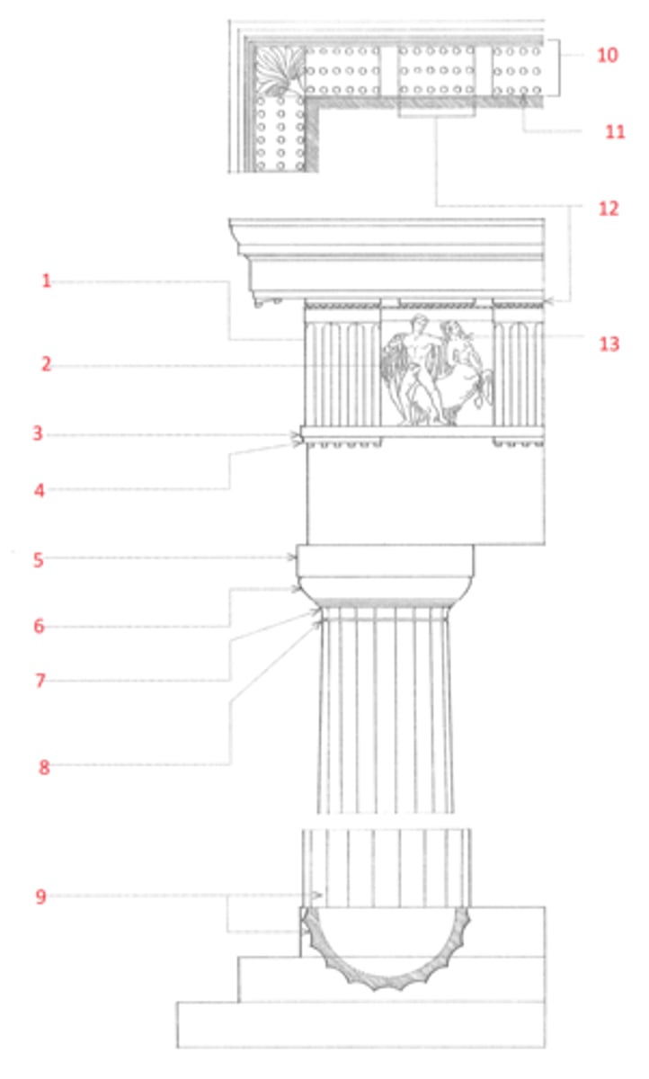 <p>(1) One of the vertical blocks separating the metopes in a Doric frieze, typically having two vertical grooves or glyphs on its face, and two chamfers or hemiglyphs at the sides</p>
