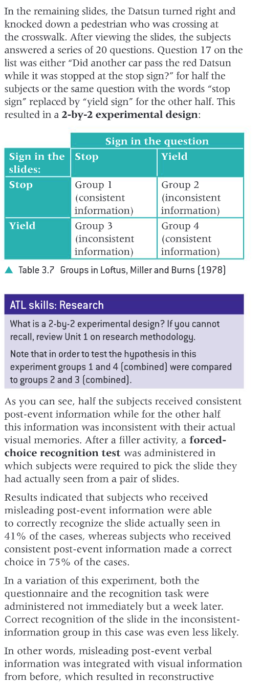 <p>Topic: Reliability of cognitive processes</p><p>Content: Reconstructive memory</p><p>Trigger: yield and stop sign, question with confirming (consistent) or contradicting (inconsistent) object</p><p><strong>Aim</strong>: To investigate the effect post event information has on the recall of event specific iconic/visual memories.</p><p><strong>Procedure</strong>:</p><p>In their 1978 study, Loftus and her co-authors showed participants a series of slides. In the sequence, a car stopped at an intersection and proceeded to turn and hit a pedestrian. Half of the participants saw a slide with a yield sign while the other half saw a slide with a stop sign. Twenty minutes to a week after the slides were presented, participants answered questions regarding the details of the accident. The questions consisted of ones that were consistent with the original slides, questions that were misleading and questions that were neutral.</p><p><strong>Findings</strong>:</p><p>Loftus and her co-authors found that people who saw inconsistent information were much less accurate than people in the other two conditions. They also found that the longer the period of delay between when slides had been shown and when participants were tested, the less the percentage of answers subjects got right.</p>