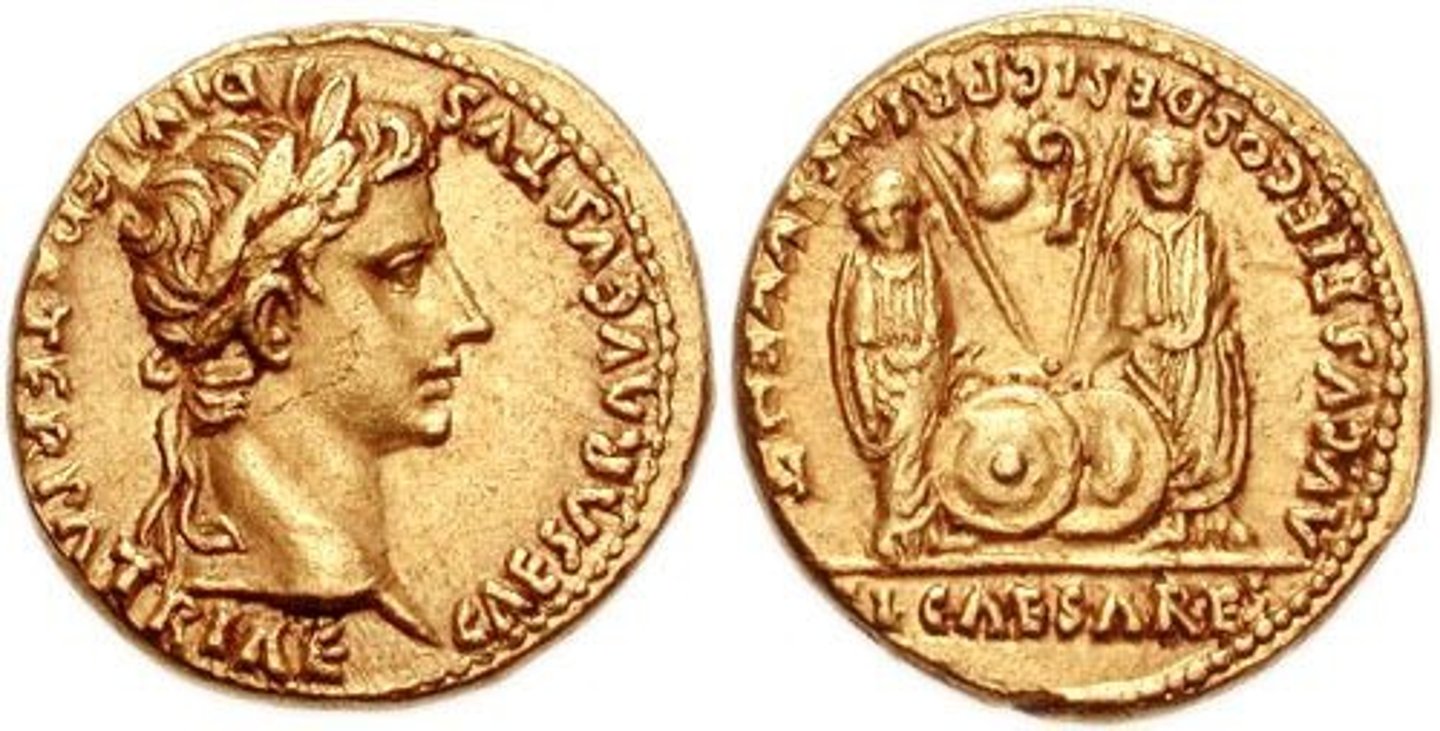 <p>-obv Augustus wearing an oak wreath with Pater patriae inscription, recently named</p><p>- rev. gaius and lucius with priestly artefacts and a pile pf weapons with inscription 'princeps iuventutis', first among the young' and consuls designate</p><p>- association with gaius and lucius in terms of succession</p><p>- gaius and lucius associated with religion and military success</p>
