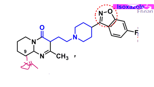 <ul><li><p>derivative: butyrophenone-like </p></li><li><p>isoxazole</p><ul><li><p>enhances binding to 5-HT&nbsp;</p></li><li><p>increases oral bioavailability and half-life&nbsp;</p></li></ul></li><li><p>C9 can undergo oxidation to hydroxy → equal activity&nbsp;</p><ul><li><p>is paliperidone&nbsp;</p></li></ul></li></ul><p></p>