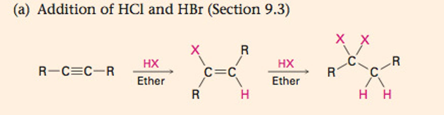 <p>Electrophilic Addition (Acids)</p><p>Alkyne to Alkane (2 equiv)</p><p>Markovnikov addition</p>