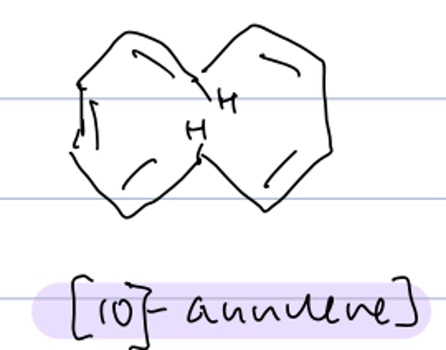 <p>- 10 π electrons: 4n+2 --&gt; expect aromatic</p><p>- nonplanar shape to avoid steric interference of H's so</p><p>non-aromatic</p>