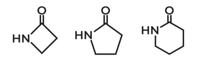 <p>Cyclic amides → <strong>LACTAM</strong></p><p><strong>Based on the pic</strong></p><ul><li><p>1 is <strong>Beta Lactam</strong></p></li><li><p>2 is <strong>Gamma lactam</strong></p></li><li><p>3 is <strong>Delta Lactam</strong></p></li></ul>