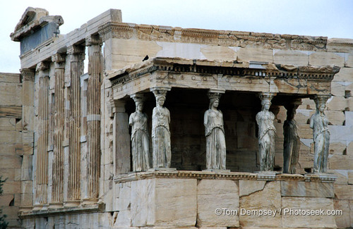 <p>Has the famous &quot;Porch of the Maidens&quot; with six draped female figures (caryatids) as supporting columns.</p><p>Architect: Mnesicles</p>