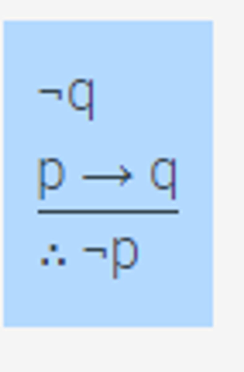 <p>Given NOT q; </p><p>if p then q; </p><p>then NOT p can be inferred</p>