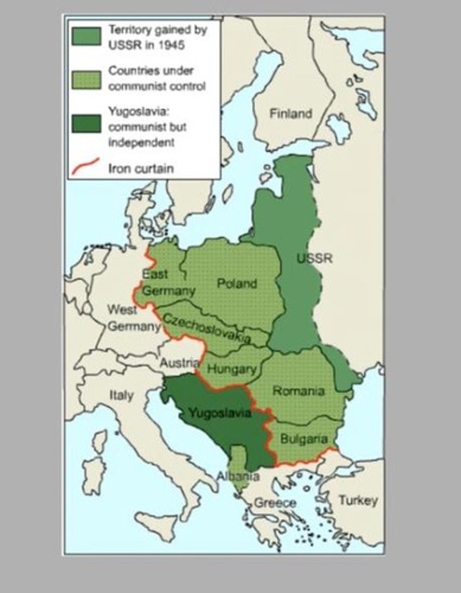<p>A term used to describe the division between the Soviet-controlled Eastern Europe and the Western democracies during the Cold War.</p>