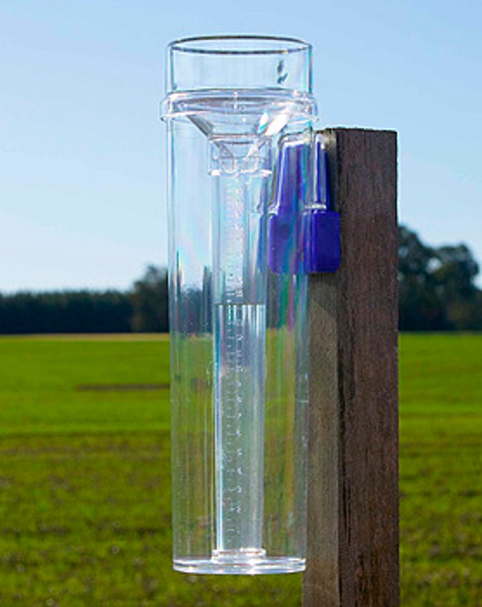 <p>measures the amount of precipitation</p>