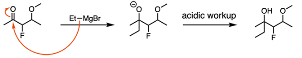 <p>B</p><p><strong>Bromoethane</strong><span> treated with magnesium forms a </span><strong>Grignard reagent</strong><span>. Grignard reagents are </span><strong>strong nucleophiles</strong><span> that attack carbonyl carbons. Reaction of a ketone with a Grignard reagent generates a </span><strong>tertiary alcohol</strong><span> after acidic workup, as shown below.</span></p>