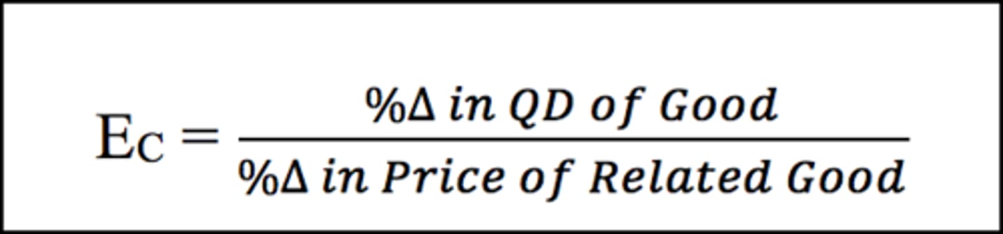 <p>Shows how sensitive the price of one good is in relation to the change in price of another</p><p>*If the number is positive, they're substitutes</p><p>*If the number is negative, they are complements</p>