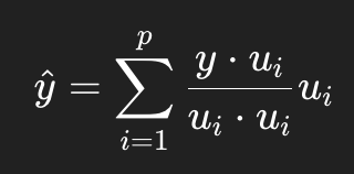<p>Picture</p><p>youre measuring how much of y points in each direction of the basis.</p><p>The dot product asks:</p><ul><li><p>How aligned is y with this basis vector. </p></li></ul><p>You scale each basis vector by how strongly y points toward it.</p>