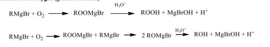 <p>can lead to oxidation of the Grignard reagent, producing side products like alkoxides or hydroxides. </p>