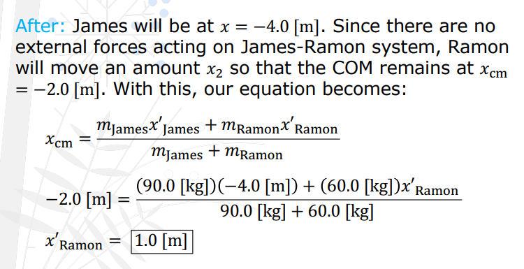 <p>Calculate for initial center of mass, plug into the second equation with the change in position to find, the missing change in position.</p>