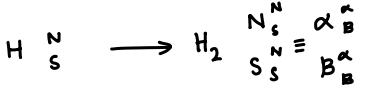 <p>A H<sub>2</sub> atom has two hydrogen nuclei, which are protons. They have I = 1/2, and m<sub>l</sub> can equal ½ (a) or -1/2 (B).</p><ul><li><p>The spin combinations of the two atoms can be represented by a or B, e.g. aB or aa.</p></li><li><p>H<sub>2</sub> is a fermion, therefore the wavenumber must be antisymmetric under particle exchange.</p></li></ul><p></p>