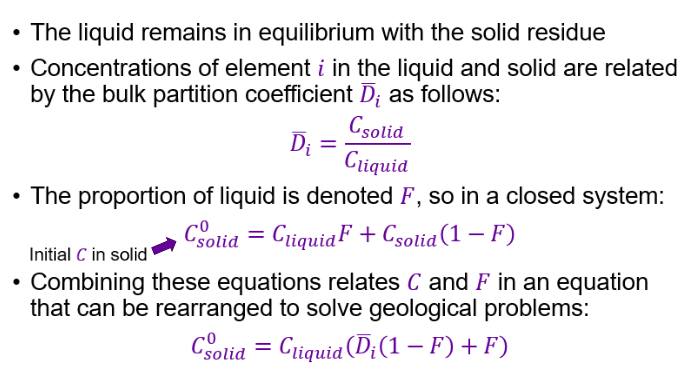 <p>Incompatible elements (prefer the liquid) are highly concentrated in the melt, at low F, and are diluted as F increases.</p><p>Compatible elements (prefer the solid) have very&nbsp; low concentrations in melts, especially at low F</p>