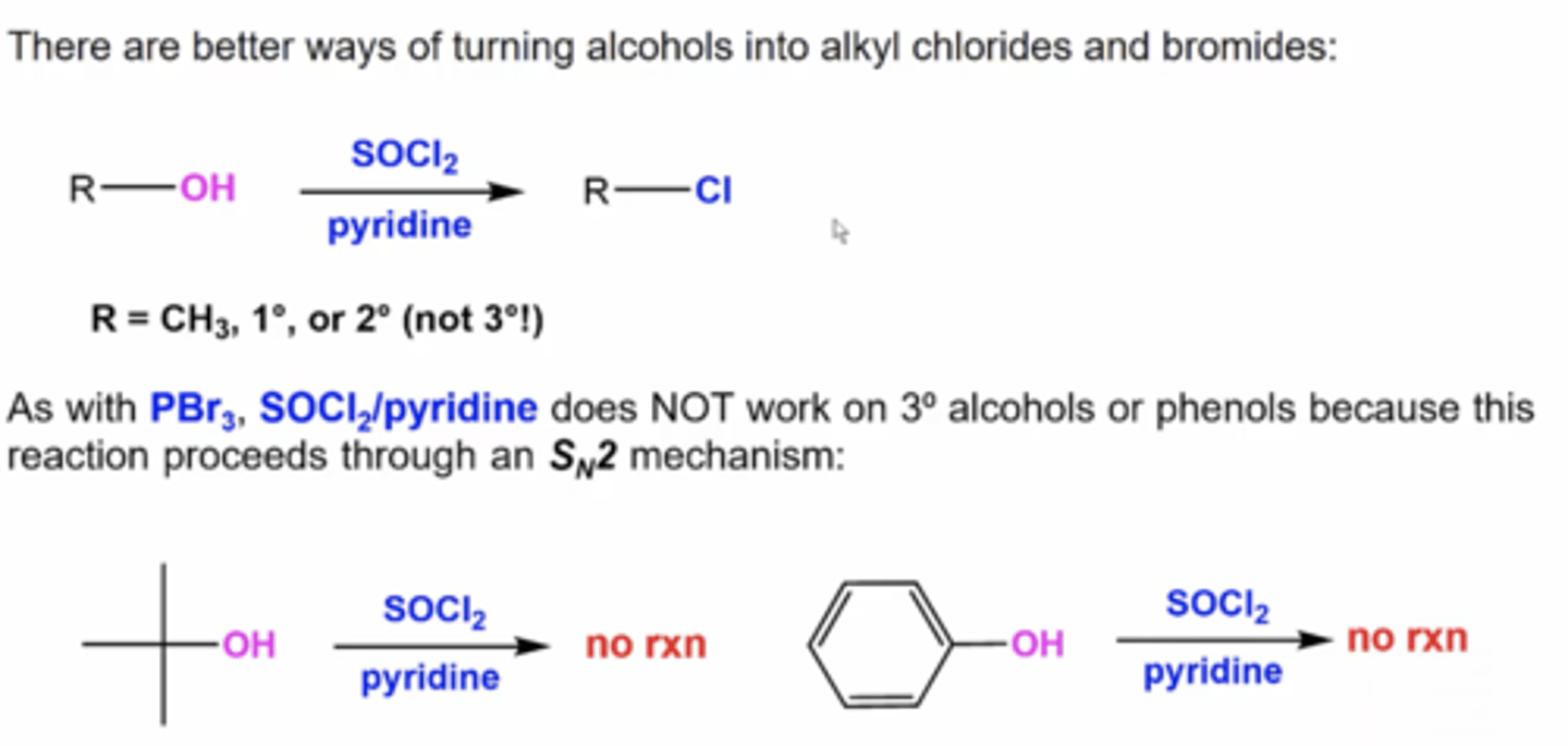 <p>you replace the OH with Cl</p><p>this only works with alcohols bonded to methyl carbons, primary carbons, or secondary carbons because this happens via Sn2</p>