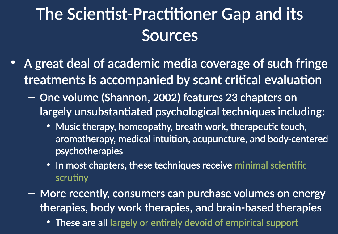 <p>A range of fringe psychotherapeutic techniques (e.g., music therapy, homeopathy, breath work, aromatherapy, acupuncture) often receive <strong>minimal scientific scrutiny </strong>despite widespread media coverage.</p>