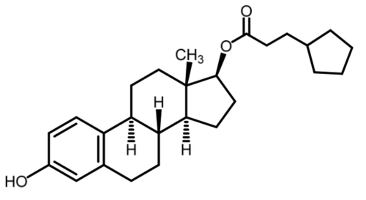 <p>(estrogenic)</p><p>SAR: ester prodrug </p><p>- deposited in tissue + slowly release into blood where it is hydrolyzed to estradiol</p><p>ROA: IM injection -- dosed monthly</p><p>indication: hypogonadism</p><p>- mod-severe vasomotor symptoms associated with menopause</p><p>BBW; inc risk of endometrial carcinoma in postmenopausal women</p>