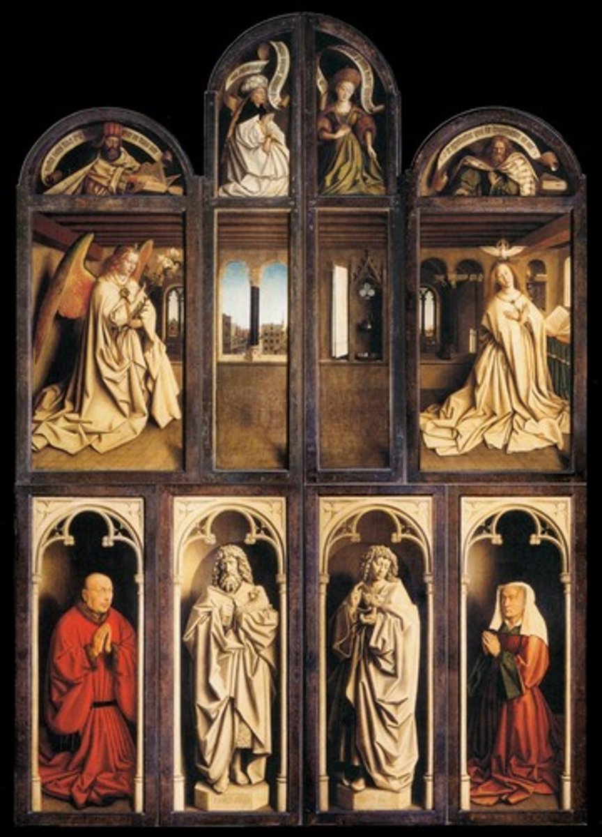 <p>annunciation scene (Mary and Gabriel), no linear perspective, no historicism, no anatomical reason (pale, buried under clothes), realism of detail (oil paint for perfection), symbolic details filling small spaces (ex. lilies, pot, linen, etc.), sibyls above Zechariah and Micah all foretelling of Jesus's coming to pagans and Christians, the glorified saint (John the Baptist, John, brother of James) is a painted sculpture, patrons on the bottom corners</p>