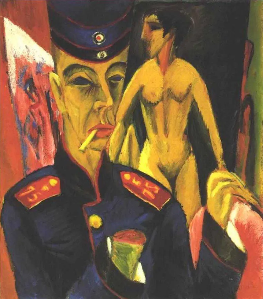 <ul><li><p><strong>ID:</strong> Ernst Ludwig Kirchner, 1915 CE, Oil on canvas, Germany</p></li><li><p><strong>Content:</strong> A gaunt, wounded self-portrait of Kirchner as a soldier, missing a hand.</p></li><li><p><strong>Function:</strong> Symbolizes personal trauma and loss of identity.</p></li><li><p><strong>Context:</strong> Reflects Kirchner’s experience with war and German Expressionism’s psychological themes.</p></li><li><p><strong>Form:</strong> Sharp, angular lines, exaggerated proportions, unnatural colors.</p></li></ul><p></p>