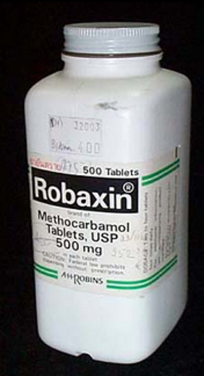 <p>Brand: Robaxin</p><p>Class: Skeletal muscle relaxant</p><p>Indication: Muscle spasm</p>