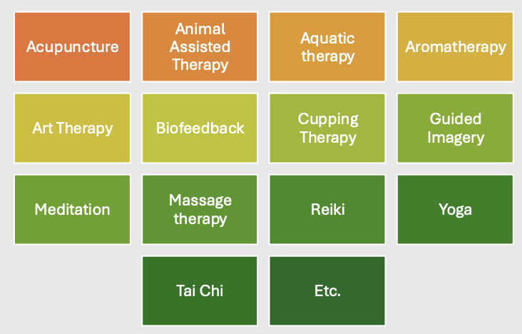 <ul><li><p><strong><u>Acupuncture</u></strong></p></li><li><p><strong><u>Animal-assisted therapy</u></strong></p></li><li><p><strong><u>Aquatic therapy</u></strong></p></li><li><p><strong><u>Aromatherapy</u></strong></p></li><li><p><strong><u>Art therapy</u></strong></p></li><li><p><strong><u>Biofeedback</u></strong></p></li><li><p><strong><u>Cupping therapy</u></strong></p></li><li><p><strong><u>Guided imagery</u></strong></p></li><li><p><strong><u>Meditation</u></strong></p></li><li><p><strong><u>Massage therapy</u></strong></p></li><li><p><strong><u>Reiki</u></strong></p></li><li><p><strong><u>Yoga</u></strong></p></li><li><p><strong><u>Tai chi</u></strong></p></li><li><p><strong><u>Etc.</u></strong></p></li></ul><p></p>