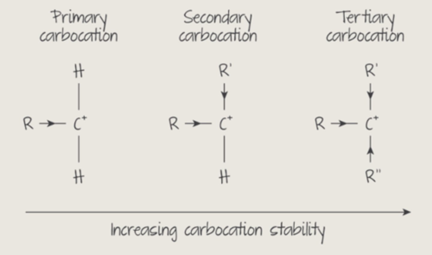 <p>most stable 3° > 2° > 1° least stable</p><p>alkyl groups tend to push e- away, which means the alkyl group becomes slightly positive and the C they're attached to becomes slightly negative (positive inductive effect)</p>