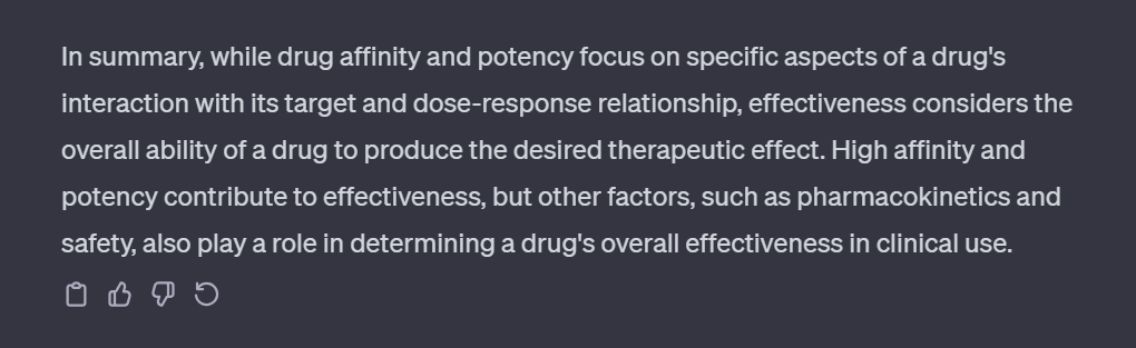 <p>affin: strength of bond btw ligand + receptor </p><p>potency: am of intrinsic activity / activation of receptor </p><p>effectiveness: DOES the activated receptor ACTUALLY do smth to ur body </p>