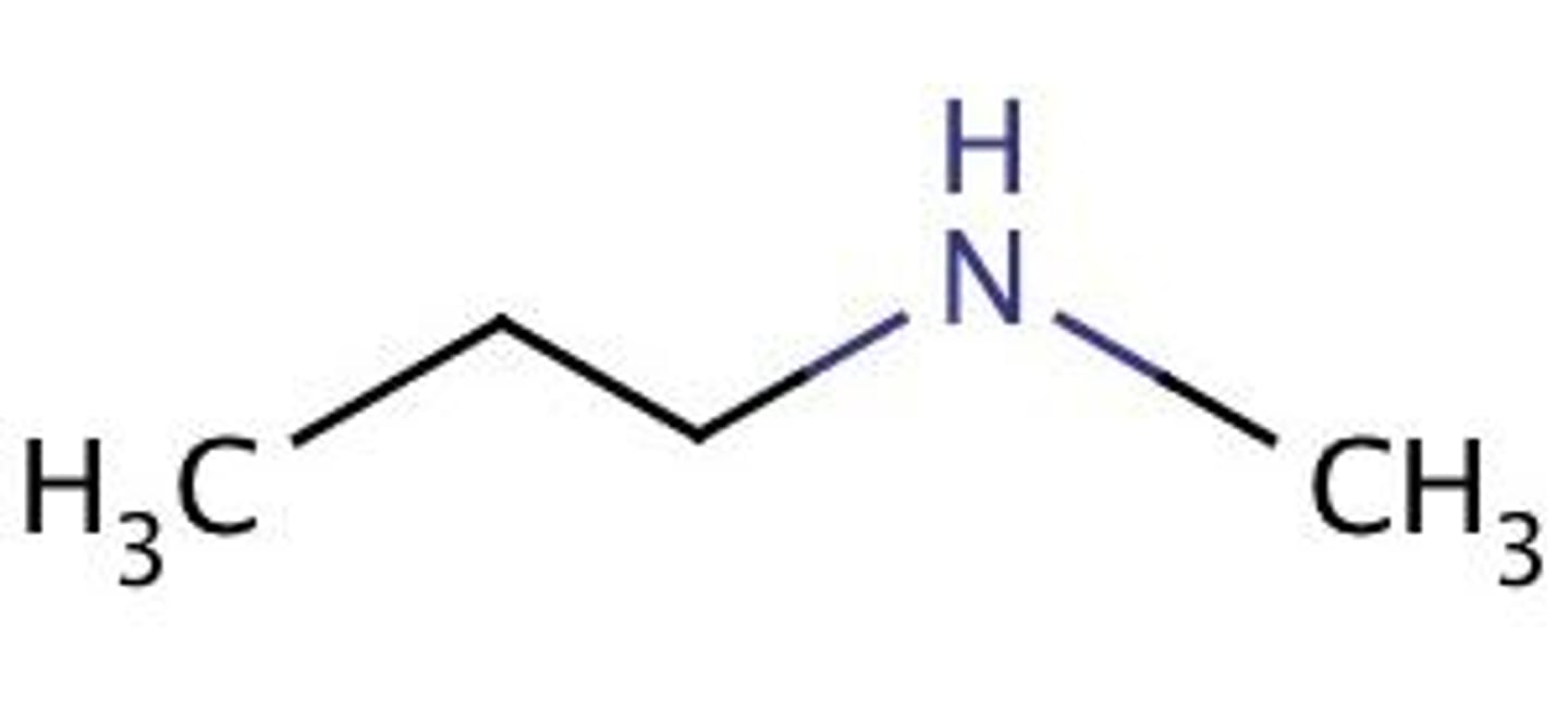 <p>The longest alkyl chain has three carbons (propyl).</p><p>The secondary amine also has a methyl group. It is attached to the nitrogen (not to the propyl), so an N- is used to show this.</p>