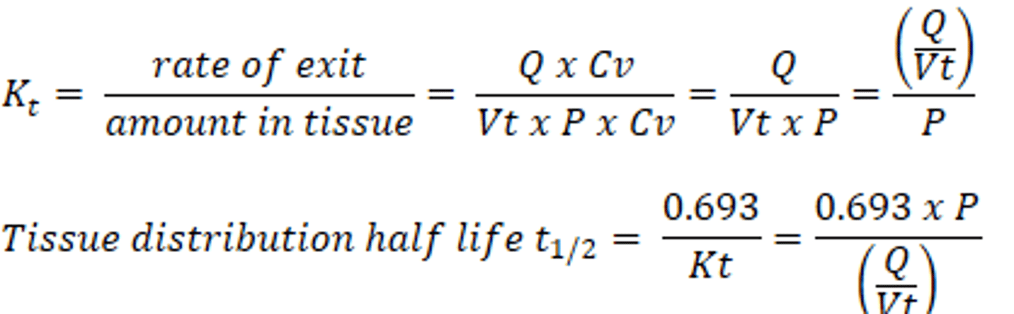 <p>half life= 0.693/kT</p><p>orrr</p><p>[(0.693 Kp)/ (Q/Vt)]</p><p>remember kT is the fraction rate of exit= (rate of exit/ amount in tissue)</p><p>time it takes for drug concentration to decrease by half- either in blood or tissue</p>