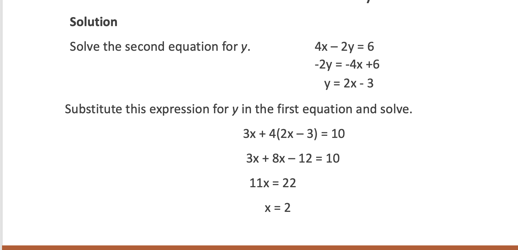 <p>! Isolate the Y !</p><p>Find x value and substitute it into the equation with the isolated y </p>