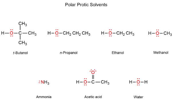 <p>protic </p><ul><li><p><span>Polar Protic: </span><strong><u>Acetic Acid</u></strong><span>, </span><strong><u>H<sub>2</sub>O</u></strong><span>,&nbsp;</span><strong><u>ROH</u></strong><span>, </span><strong><u>NH<sub>3</sub></u></strong></p></li></ul><p></p>