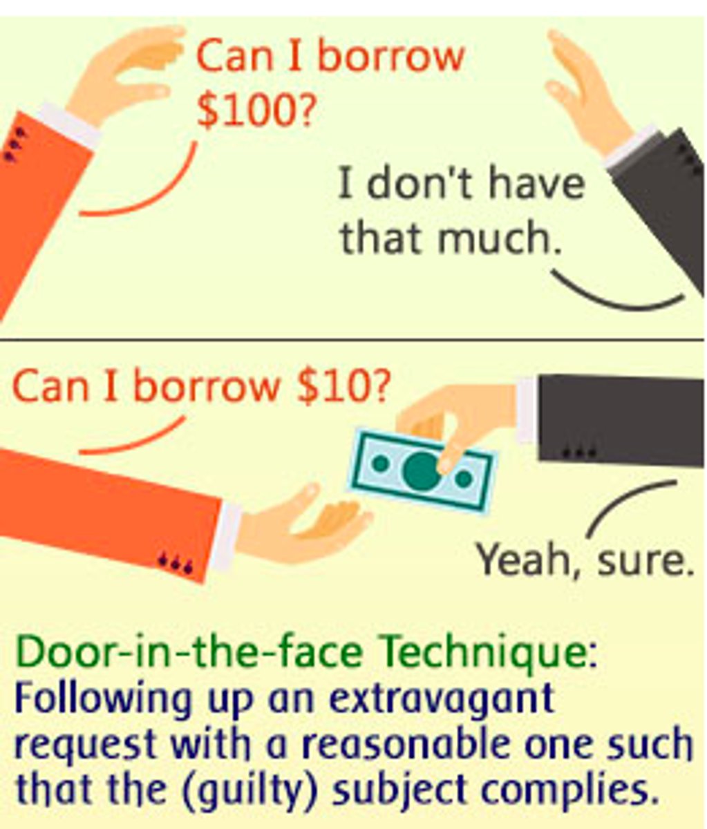 <p>Foot-in-the-Door Technique starts off by asking for a small favor, and then increasing it. Since the person has done favors in the past, they may be more receptive to doing this larger task. This could be the Girl Scouts asking you to buy a box of cookies one year, and the next year asking if you could buy a handful of boxes.</p><p>Door-in-the-Face technique is the opposite, asking for a big favor first and then following it up with a smaller request. The smaller request will sound more reasonable, and the person is more likely to accept it than just being asked that one task initially. This could be asking a Girl Scout mother to become the Troop Leader, and following it up by just asking her to organize a table outside the supermarket one day for selling cookies with the troop.</p>