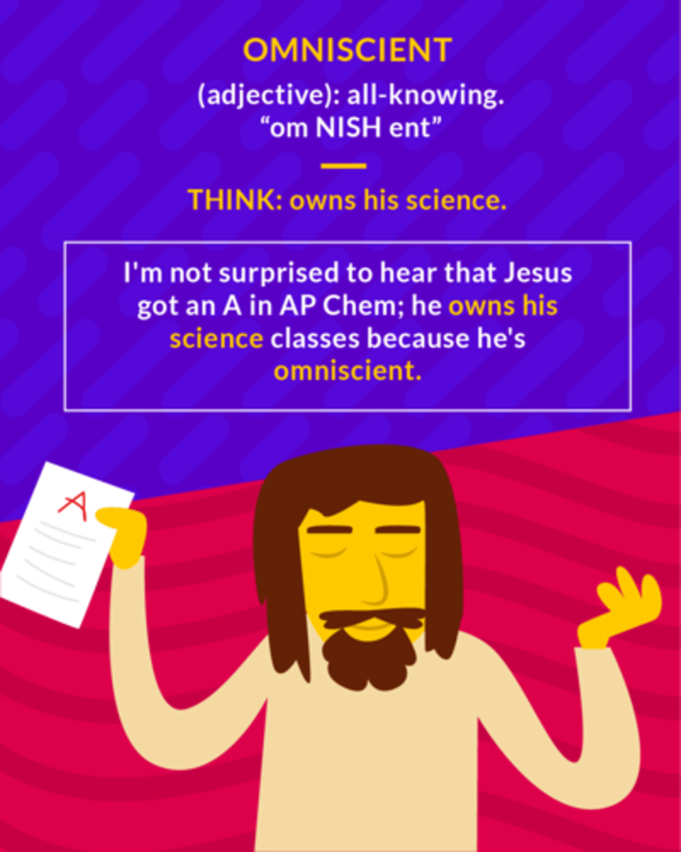 <p>(adj.) all-knowing</p>