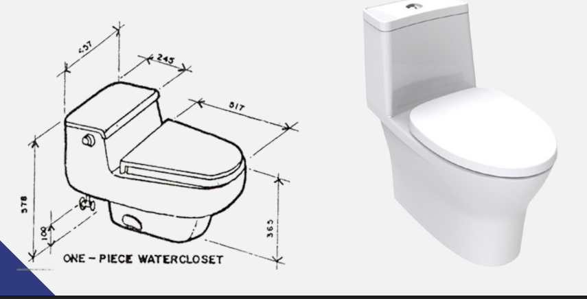 <p>The water closet fixture is manufactured with the bowl and the flush tank molded into a single unit</p>