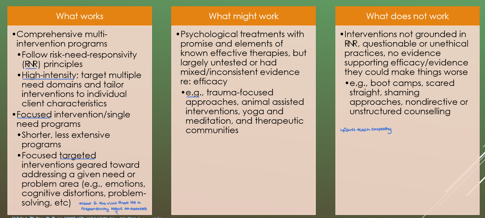 <ul><li><p>generally respond poorly to treatment</p></li><li><p>staying in &amp; showing treatment gains reduces reoffending</p></li><li><p>programs should be <strong>high-intensity</strong> &amp; <strong>cognitive-behavioural</strong></p></li><li><p>providers should be familiar w cognitive/emotional processing diffs</p></li><li><p>treatment should <strong>target treatment-interfering behaviours</strong></p></li></ul><p></p>