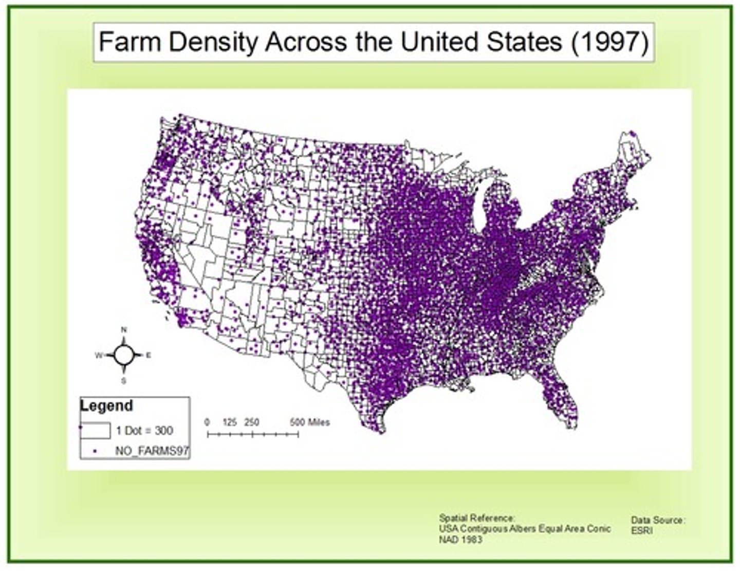 <p>map that uses dots to represent a specified quantity of a phenomenon; shows concentration vs. dispersion</p>