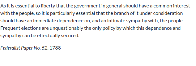 <p>How does Madison’s argument in this passage about House term lengths balance with the framers’ decision to give Senators six-year terms?</p>