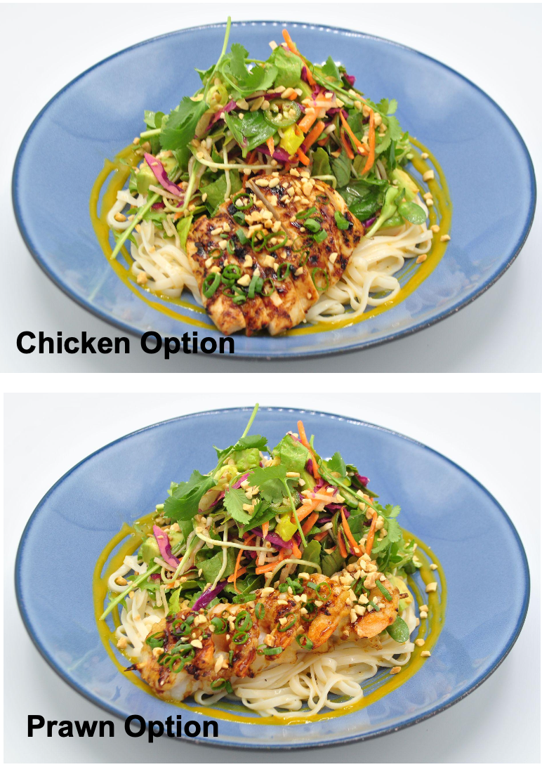 <p><span><em>This salad is healthy, bright, and fresh with lots of texture.</em></span></p><p><span>grilled lemongrass chicken, rice noodles, fresh greens, peanuts, avocado, carrot, cabbage, serrano peppers, thai basil, cilantro, sweet citrus vinaigrette</span></p><p><strong>substitute lemongrass prawns</strong><span> <strong>+3</strong></span></p><ul><li><p><span>Grilled Lemongrass Chicken or Prawn</span></p></li><li><p><span>➔ &nbsp;Fresh Greens</span></p></li><li><p><span>➔ &nbsp;Avocado</span></p></li><li><p><span>➔ &nbsp;Cabbage</span></p></li><li><p><span>➔ &nbsp;Thai Basil</span></p></li><li><p><span>➔ &nbsp;Sweet Vinaigrette</span></p></li><li><p><span>➔ &nbsp;Romaine</span></p></li><li><p><span>➔ &nbsp;Sweet Chili Heat Vinaigrette</span></p></li><li><p><span>➔ &nbsp;Sushi Sauce</span></p></li><li><p><span>➔ &nbsp;Green Onions</span></p></li><li><p><span>➔ Rice Noodles<br>➔ Peanuts<br>➔ Carrots<br>➔ Serrano Peppers ➔ Cilantro</span></p><p><span>➔ Mango Lime Puree ➔ Arugula<br>➔ Sunflower Sprouts ➔ Daikon</span></p><p><span>➔ Pickles Cabbage</span></p></li></ul><p>Pre- service: Chopsticks</p><p></p>