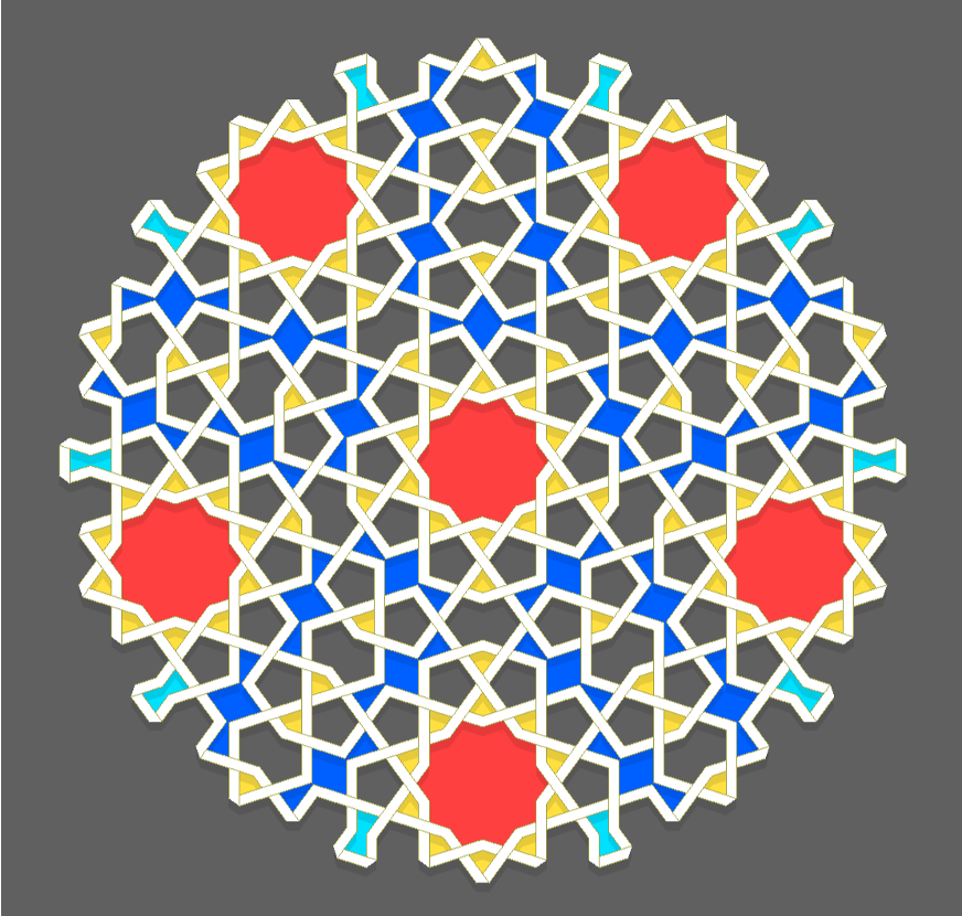 <ul><li><p>girih: from Persian word for “knot”</p></li><li><p>interlaced geometric patterns made with angled lines called strapwork</p></li><li><p>lines of these polygons overlap; they weave over and under each other forming knot-like designs </p></li><li><p>radial symmetry that radiates from central points</p></li><li><p>symbolize the interconnectedness of existence</p></li></ul><p></p>