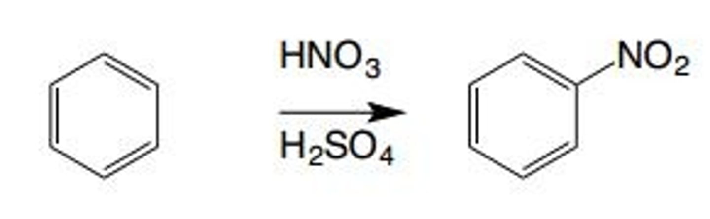 <p>An electrophilic aromatic substitution reaction that involves the installation of a nitro group (NO2) on an aromatic ring</p><p>NO2+ is the electrophile</p>